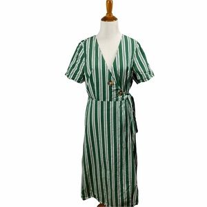 Asos 100% Cotton Green and White Striped Faux Wrap Midi Dress